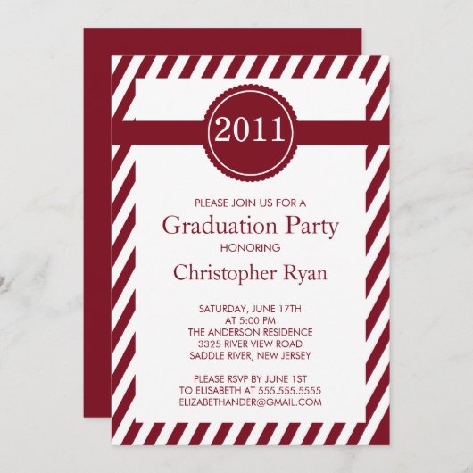 Classy Maroon Stripes Afstuderen Invitation Kaart (Voorkant / Achterkant)