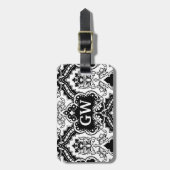 Classy Masculine Black White Damask Monogram Bagagelabel (Voorkant verticaal)