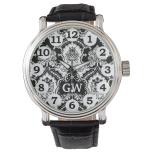 Classy Masculine Black White Damask Monogram Horloge