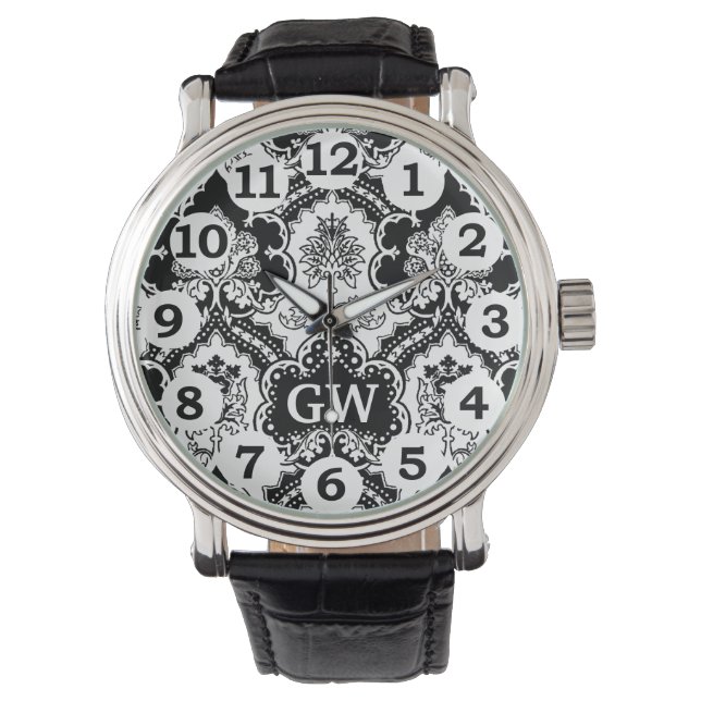 Classy Masculine Black White Damask Monogram Horloge (Voorkant)