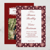 Classy Maximalist Victorian Heart Wine Red Wedding Kaart (Voorkant / Achterkant)