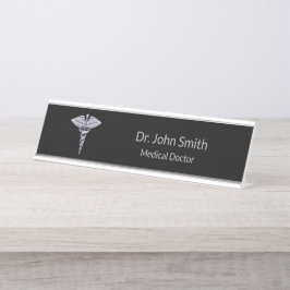 Classy Medical Caduceus Silver op Black Bureau Naambordje