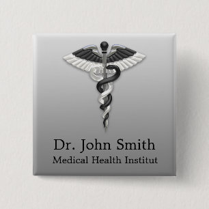 Classy Medical Elegant Black White Caduceus Noble Vierkante Button 5,1 Cm