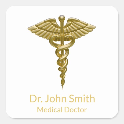 Classy Medical Gold Caduceus op wit Vierkante Sticker (Voorkant)