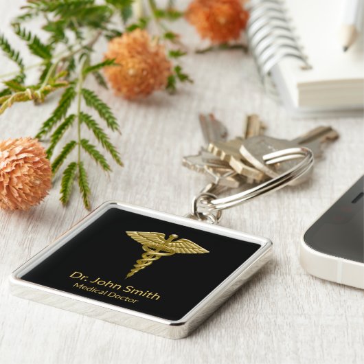 Classy Medical Gold Caduceus op zwart - Sleutelhan Sleutelhanger (Zijkant)