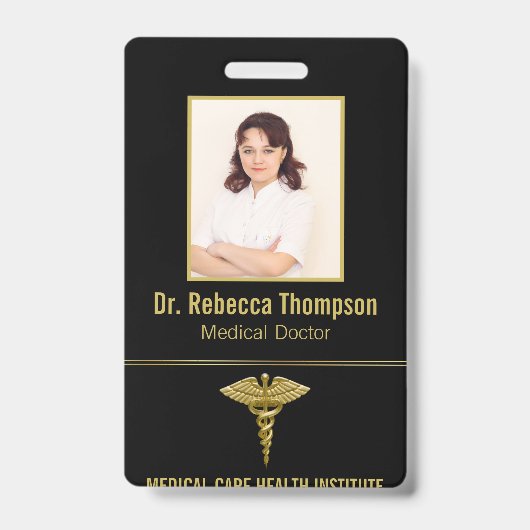Classy Medical Gold Caduceus op zwarte foto-ID Badge (Front)