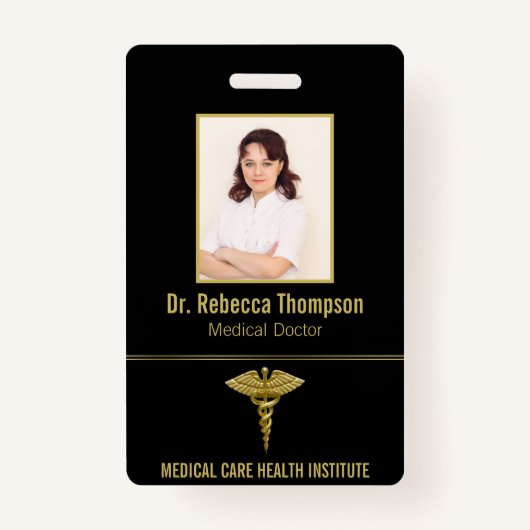 Classy Medical Gold Caduceus op zwarte foto-ID Badge (Voorkant)