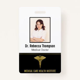 Classy Medical Gold Caduceus op zwarte foto-ID Badge