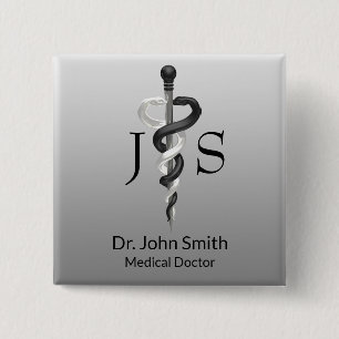 Classy Medical Noble Elegant Black White Asclepius Vierkante Button 5,1 Cm