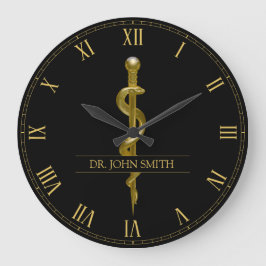 Classy Medical Rod van Asclepius Gold op zwart Grote Klok