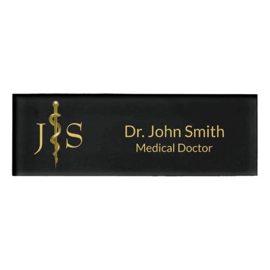 Classy Medical Rod van Asclepius Gold op zwart Naambadge (Voorkant)