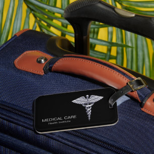 Classy Medical Silver Caduceus op Black Bagagelabel
