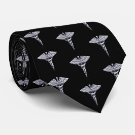Classy Medical Silver Caduceus op Black Pattern Stropdas