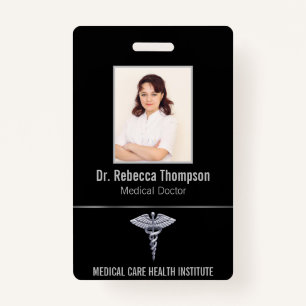 Classy Medical Silver Caduceus op zwarte foto-ID Badge