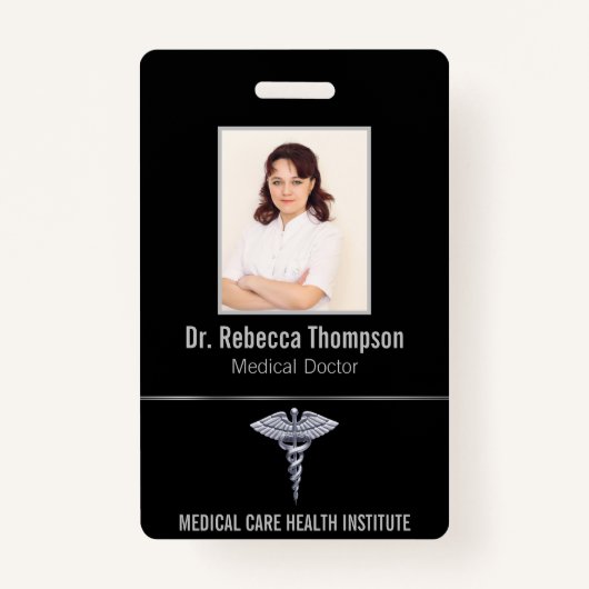 Classy Medical Silver Caduceus op zwarte foto-ID Badge (Voorkant)