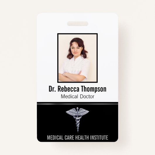 Classy Medical Silver Caduceus op zwarte foto-ID Badge (Voorkant)
