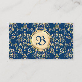 Classy Medieval Monogram Gold Midnight Blue Damask Visitekaartje