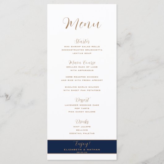 Classy Minimalist Gold Navy Blue Wedding Menu (Voorkant)