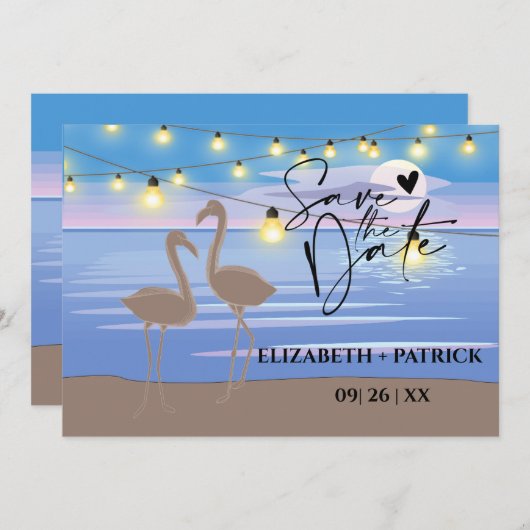 Classy minimalist, zonsondergang, flamingo's save the date (Voorkant / Achterkant)