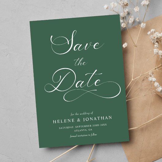 Classy minimalistische elegante bos groene bruilof save the date