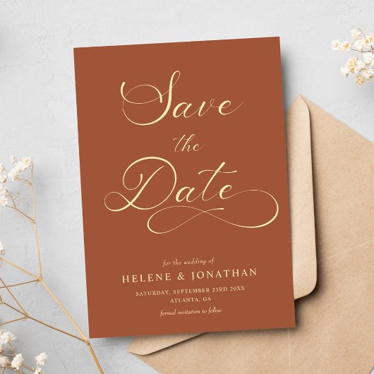 Classy minimalistische terracotta elegante bruilof save the date