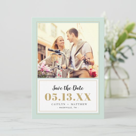 Classy Mint en Gold Photo Save the Date (Staand voorkant)