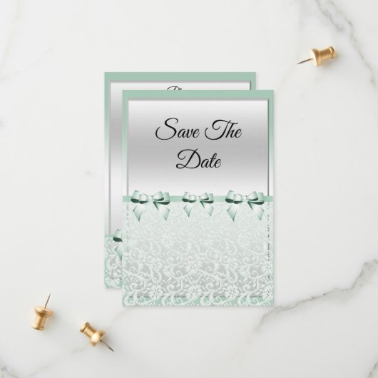 Classy Mint Green Bows & Lace Save The Date (Voorkant / Achterkant in situ)