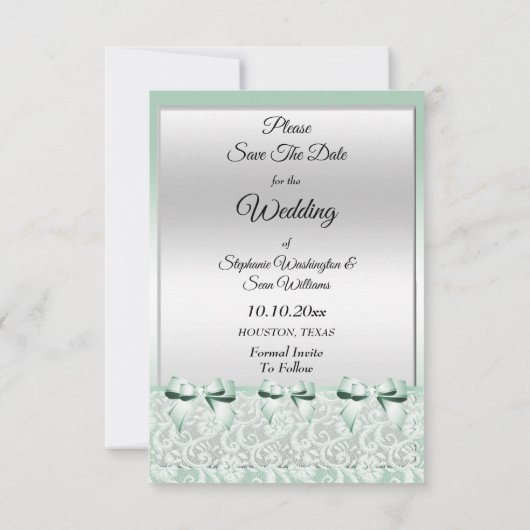 Classy Mint Green Bows & Lace Save The Date (Achterkant)