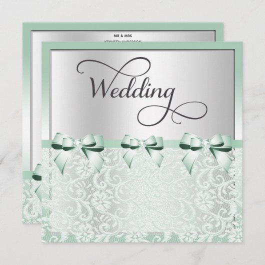 Classy Mint Green Bows & Lace Wedding Kaart (Voorkant / Achterkant)
