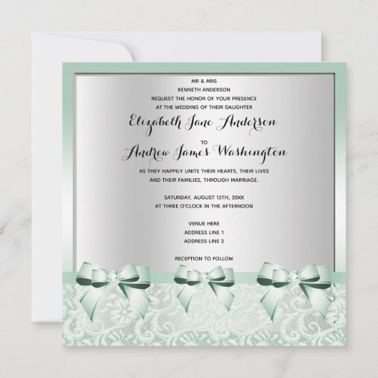 Classy Mint Green Bows & Lace Wedding Kaart (Achterkant)