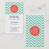 Classy Mint Green Chevron en Oranje monogram Visitekaartje (Voorkant / Achterkant)