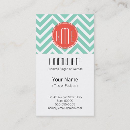 Classy Mint Green Chevron en Oranje monogram Visitekaartje (Voorkant)