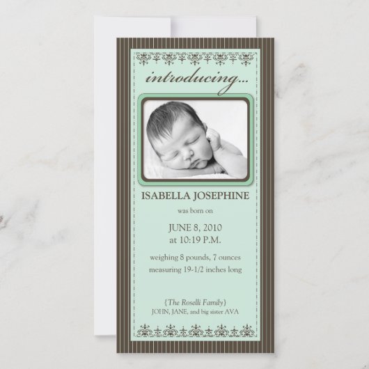 Classy Mint Green Gepersonaliseerd Geboorteaankond Aankondiging (Voorkant)