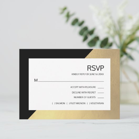 Classy Modern Black Faux Gold Foil RSVP Menu (Staand voorkant)