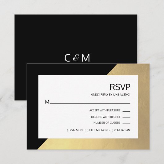 Classy Modern Black Faux Gold Foil RSVP Menu (Voorkant / Achterkant)