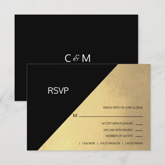 Classy Modern Black Faux Gold Foil RSVP Menu (Voorkant / Achterkant)