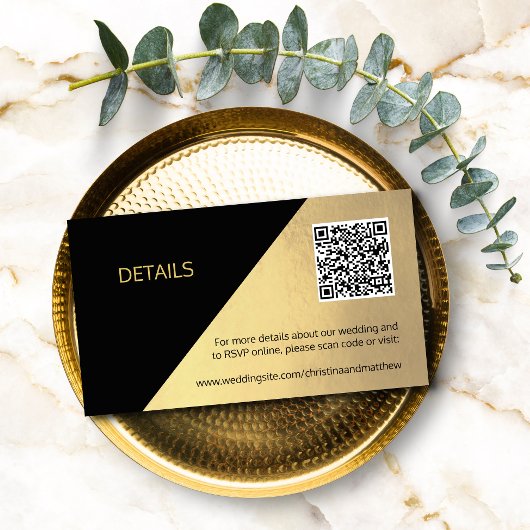 Classy Modern Black & Gold DETAILS QR Code Weddens Informatiekaartje