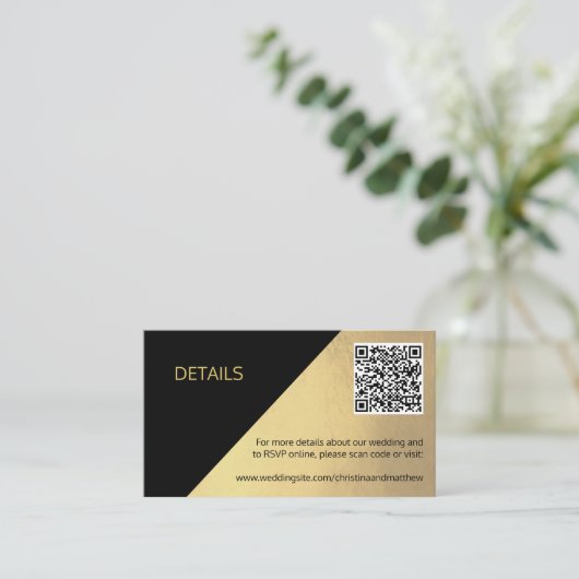 Classy Modern Black & Gold DETAILS QR Code Weddens Informatiekaartje (Staand voorkant)