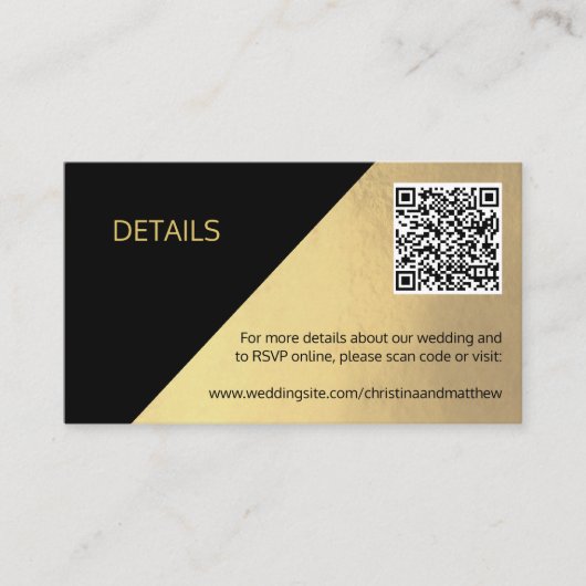 Classy Modern Black & Gold DETAILS QR Code Weddens Informatiekaartje (Voorkant)
