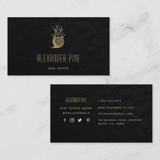 Classy Modern Black Gold Pineapple Real Estate Visitekaartje (Voorkant / Achterkant)