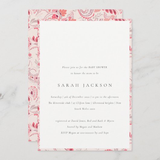 Classy Modern Blush Paisley Typography Baby shower Kaart (Voorkant / Achterkant)