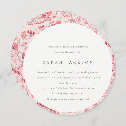 Classy Modern Blush Paisley Typography Baby shower Kaart (Voorkant / Achterkant)