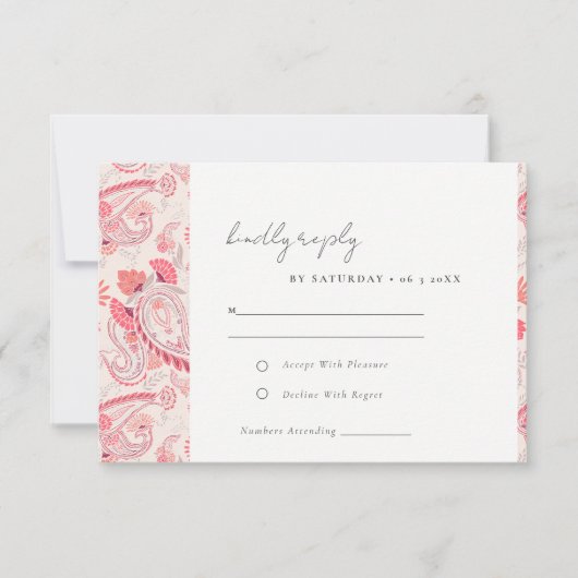 Classy Modern Blush Paisley Typography Wedding RSVP Kaartje (Voorkant)