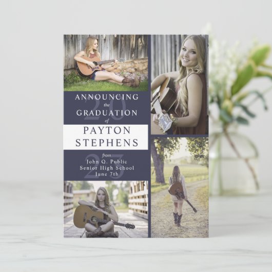 Classy Modern Dark Blue Photo Afstuderen Aankondiging (Staand voorkant)