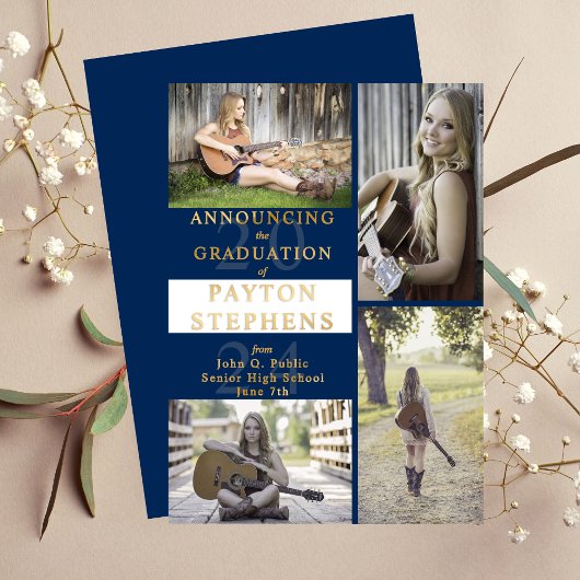 Classy Modern-foto Blauw | Goud wit Afstuderen Folie Uitnodiging