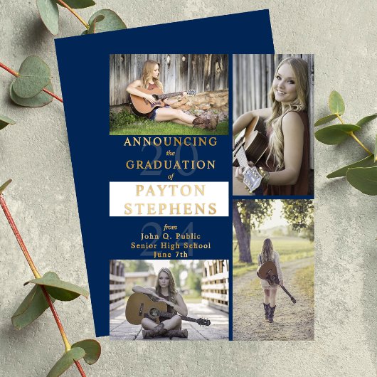 Classy Modern-foto Blauw | Goud wit Afstuderen Folie Uitnodiging