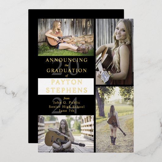 Classy Modern Foto zwart | Witte Afstuderen Folie Uitnodiging (Voorkant / Achterkant)