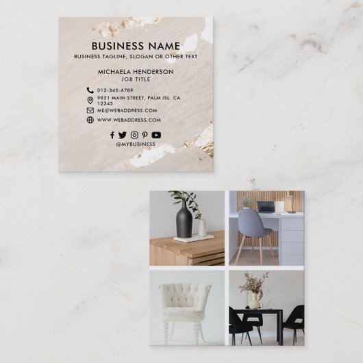 Classy Modern Gold Foil 4 Photo Social Media Icons Vierkante Visitekaartje (Voorkant / Achterkant)