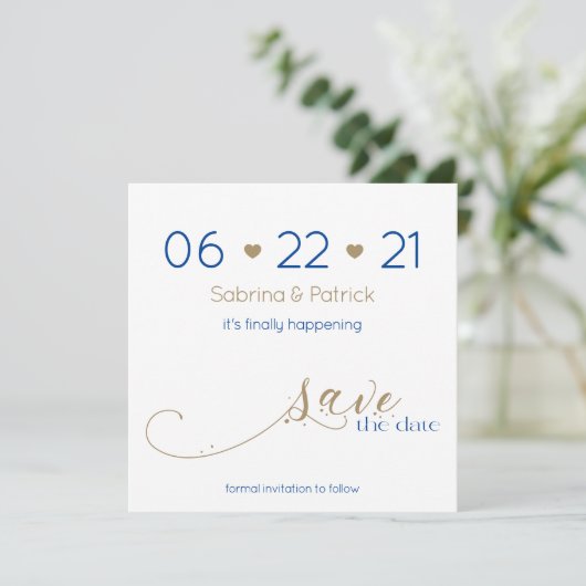 Classy Modern Minimalist Gold Navy Save the Date Kaart (Staand voorkant)