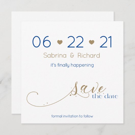 Classy Modern Minimalist Gold Navy Save the Date Kaart (Voorkant / Achterkant)